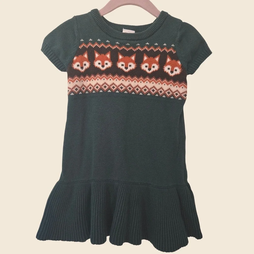 Gymboree Toddler Girls Fox Fair Isle Sweater Dress Green 100% Cotton 2T F2024